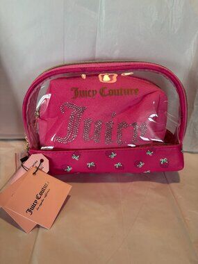 Juicy Couture Pink Terry Cosmetic Bag Set Rhinestone Travel
